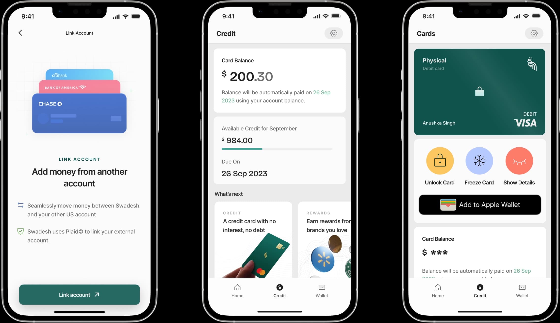 Swadesh — Link account, credit, and cards screens